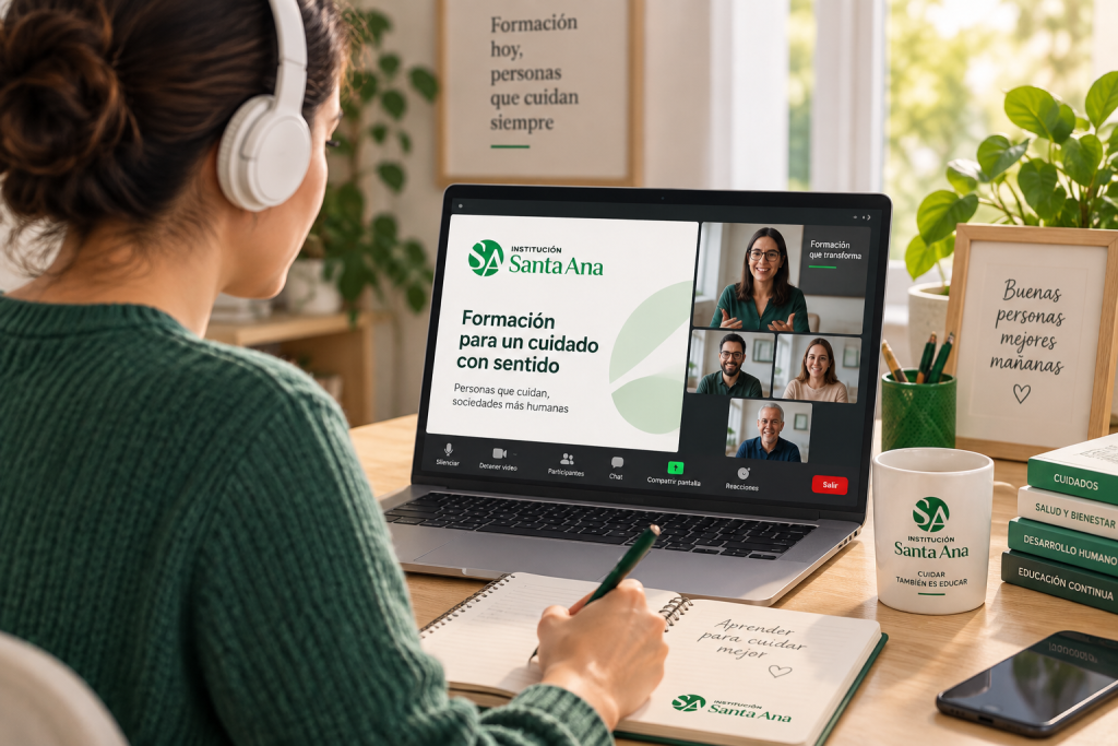 Alumna siguiendo desde casa una clase online de Institución Santa Ana en su portátil